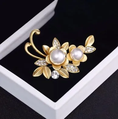 Golden Floral Brooch With Pearl